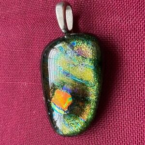 Dichroic Glass Pendent Sparkling Green Purple Orange Iridescent Handmade